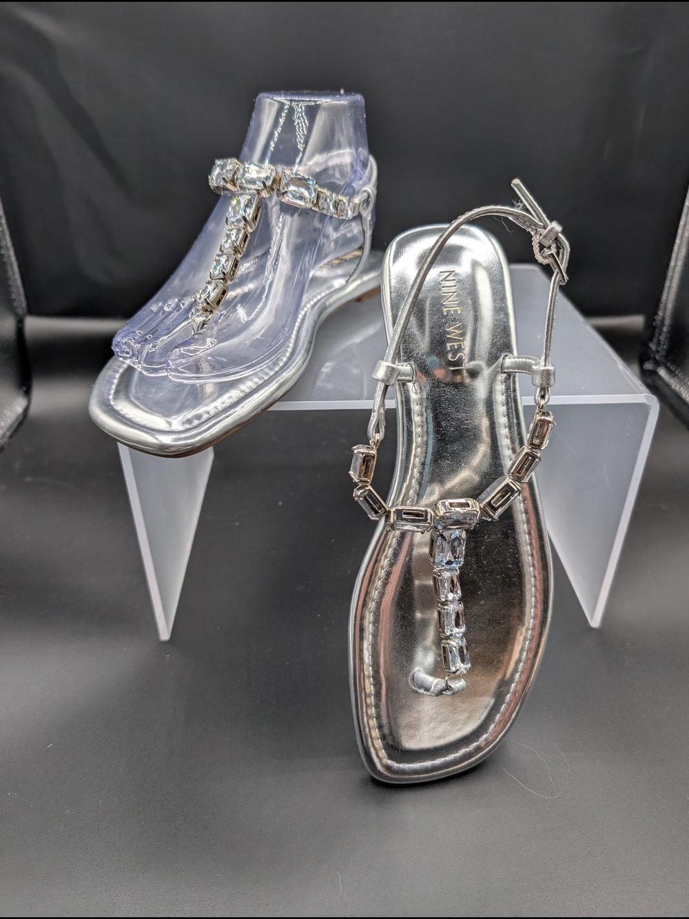 Nine West Silver Jeweled T-Strap Sandals for Women